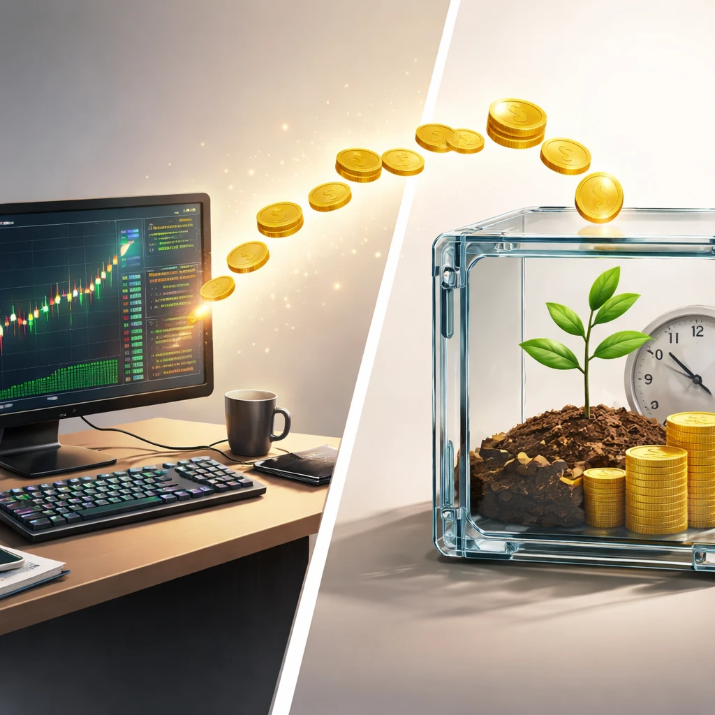 Coins flowing from a trading workstation toward a secure long-term portfolio container.