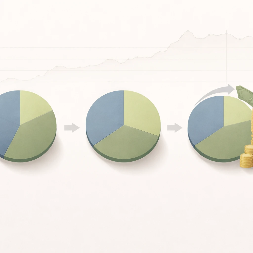 Illustration of a portfolio drifting from target weights and new cash directed to underweight assets to rebalance.