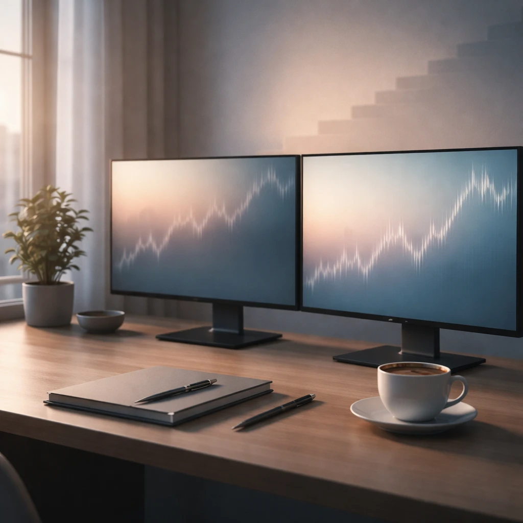 Calm trading desk at sunrise with notebook, coffee, and softly blurred charts suggesting gradual progress