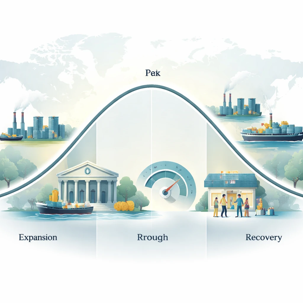 Vector illustration of an economic cycle showing a shaded recession trough and an emerging recovery with industry, policy, and global elements.