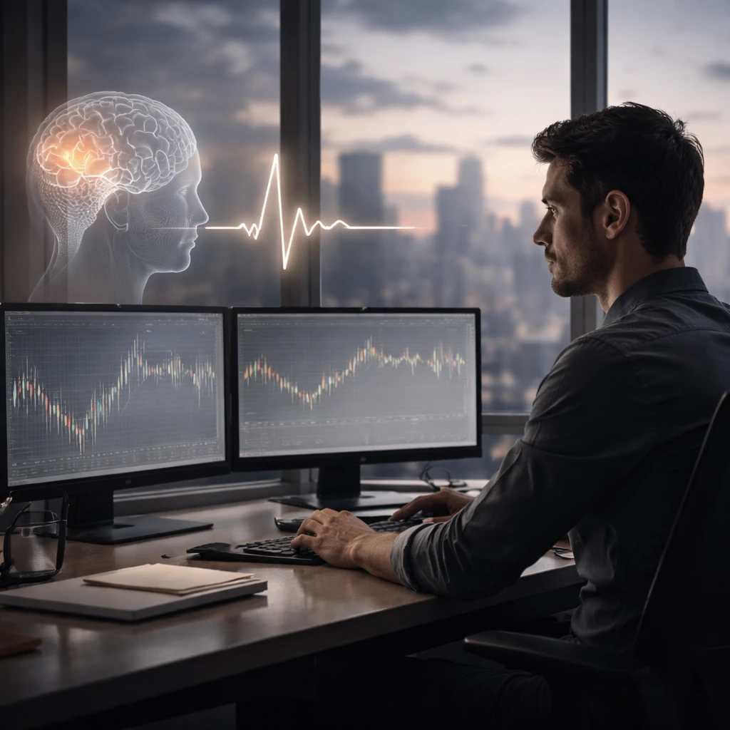 Trader observing market screens while monitoring internal cues, symbolizing recognition of emotional triggers.