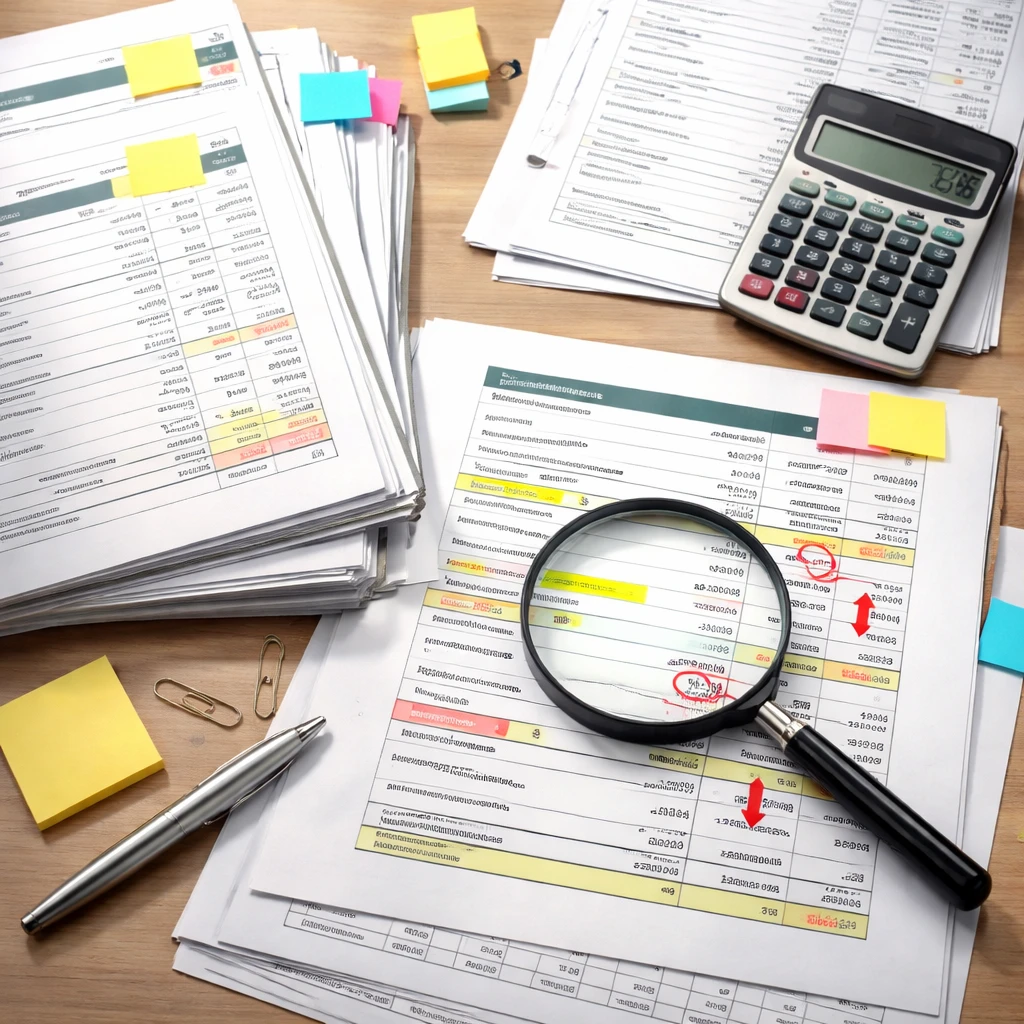 Overhead view of financial statements with a magnifying glass focusing on suspicious cash flow items