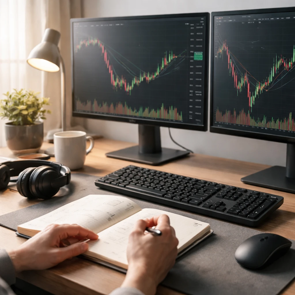 A trader calmly reviewing a loss at a tidy desk with charts on screens and a blank checklist notebook, symbolizing process-focused reframing.
