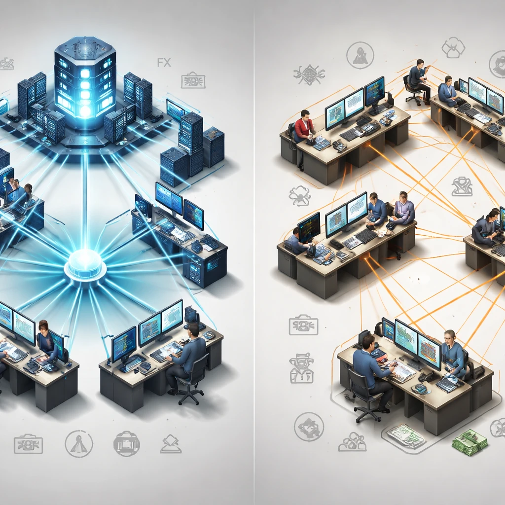 Side-by-side illustration of a centralized exchange with an order book and clearinghouse contrasted with a decentralized OTC dealer network.