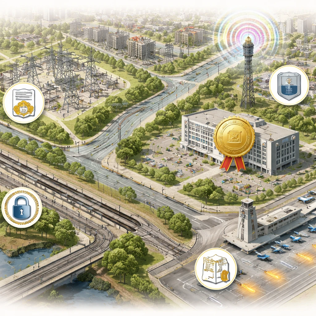 Conceptual illustration of industry assets protected by regulatory barriers, including a utility grid, telecom tower, hospital, rail line, and airport slots.