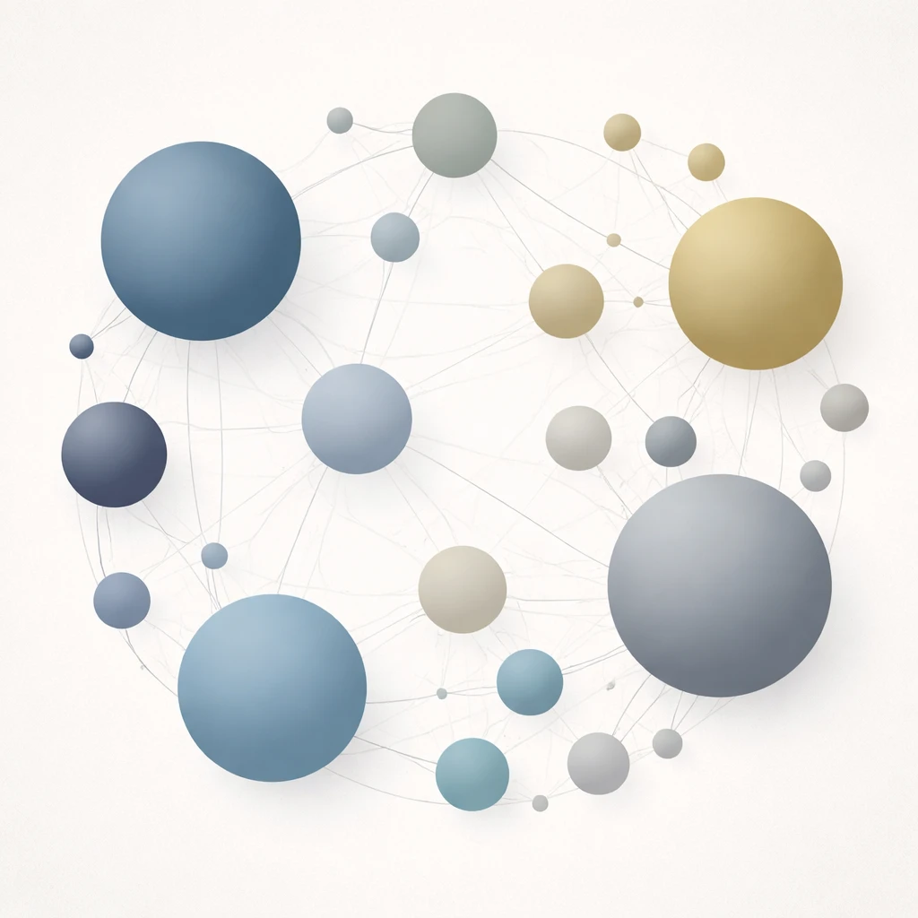 Abstract visualization of a diversified portfolio with circles sized by risk contribution and subtle correlation links.