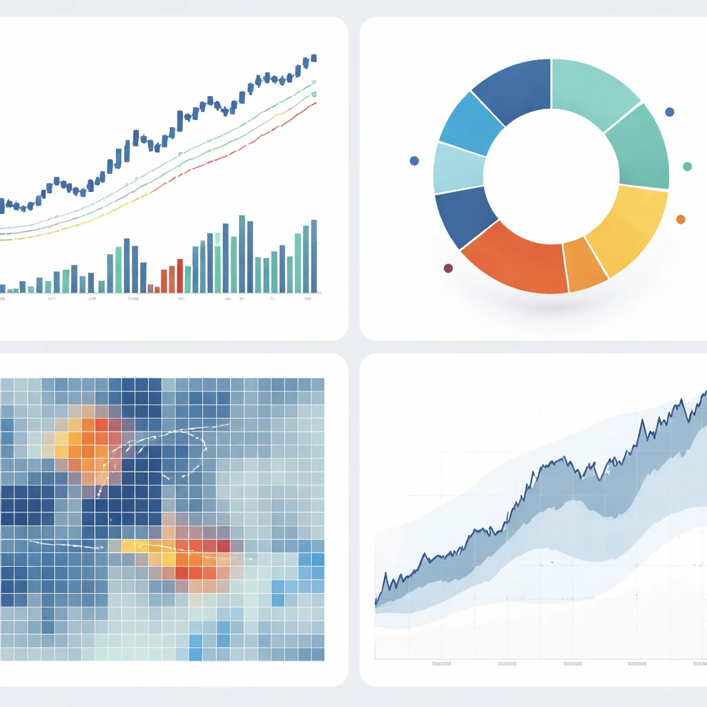 Infographic panels showing a trend chart with trailing stops, a portfolio risk wheel, a correlation heatmap, and an equity curve with drawdowns.