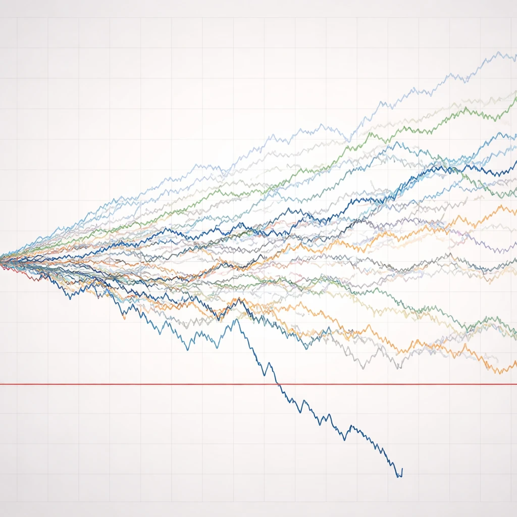 Simulated equity curves with several paths declining to a lower boundary that represents a ruin threshold.