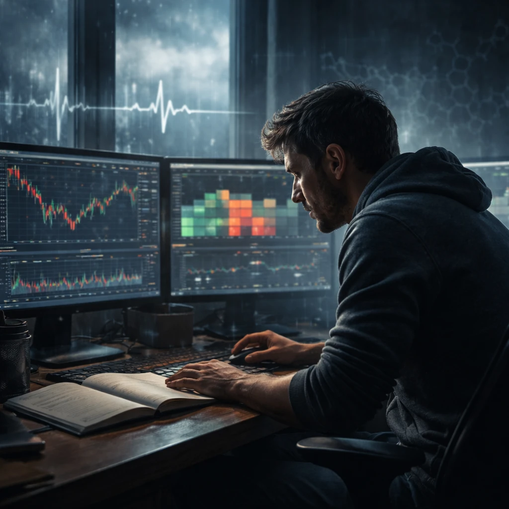 Trader at a desk monitoring volatile markets, posture and lighting conveying stress while charts glow on multiple screens.