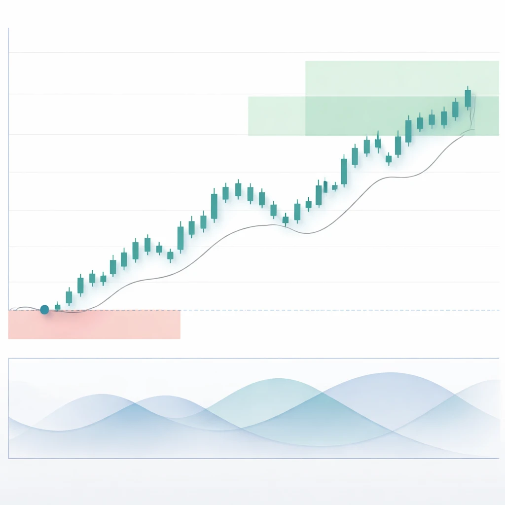 Stylized price chart of an uptrend with shaded risk and reward zones illustrating asymmetry in trending markets.