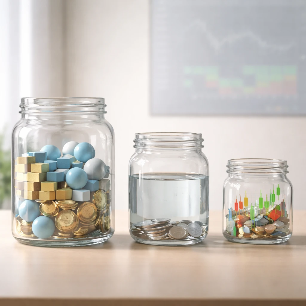 Three glass jars representing long-term, liquidity, and trading capital buckets on a minimalist desk with subtle market charts in the background.
