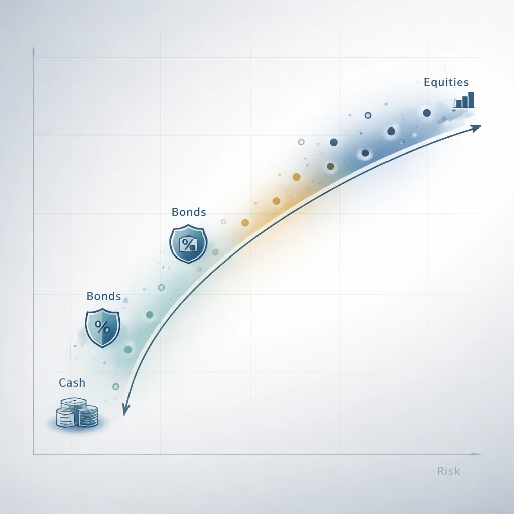 Conceptual chart of an efficient frontier with diversified portfolio points and asset class clusters, illustrating risk and return tradeoffs.