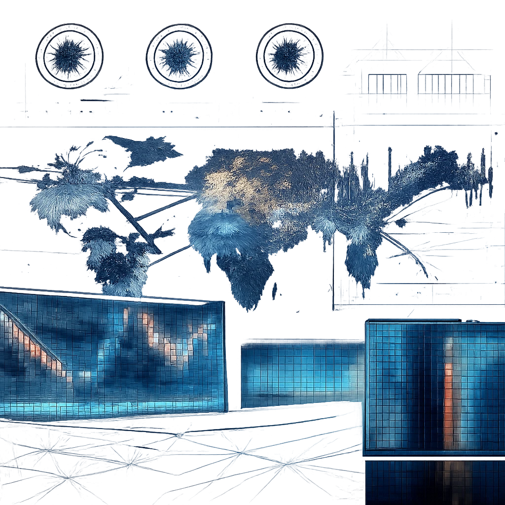 Global forex concept with world map at night, trading screens, and time-zone clocks illustrating market structure and risk.