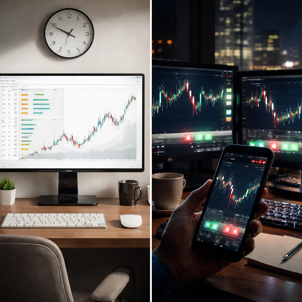 Split scene contrasting a predictable economic calendar setup with a chaotic breaking news reaction and volatile market charts.