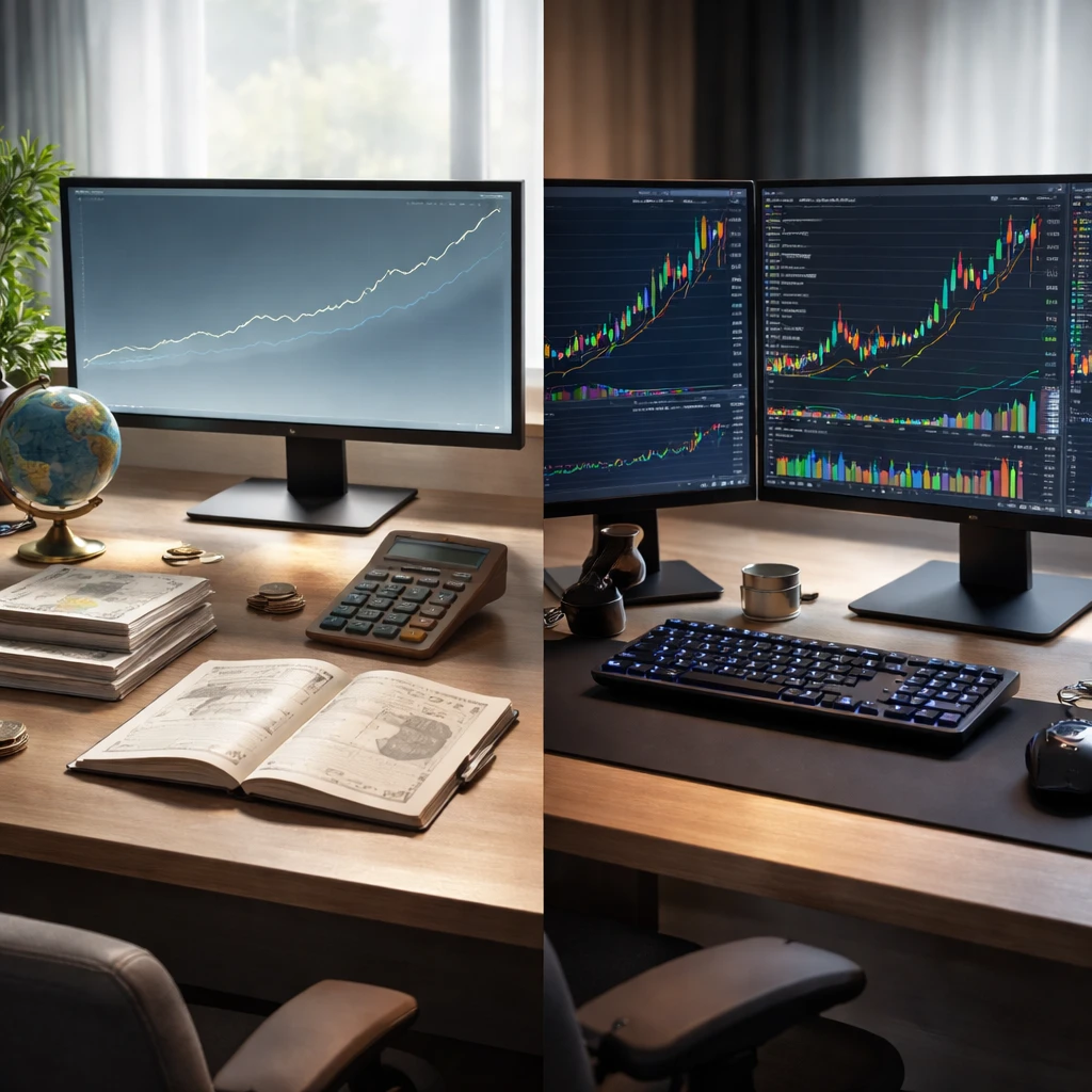Split composition of long-term investment workspace and active trading workspace, illustrating separated capital sleeves without text.