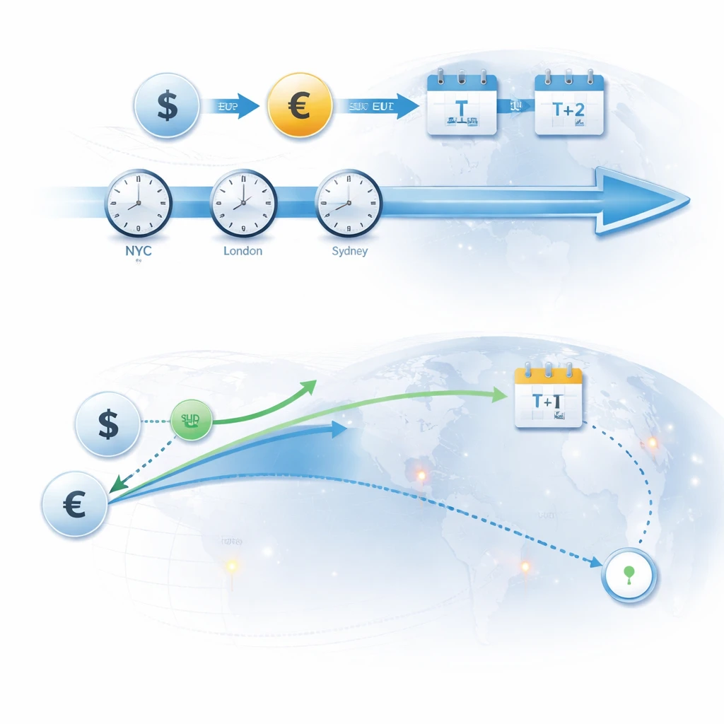 Illustration comparing immediate spot FX settlement with a future-dated forward FX exchange using timelines, calendars, and currency symbols.