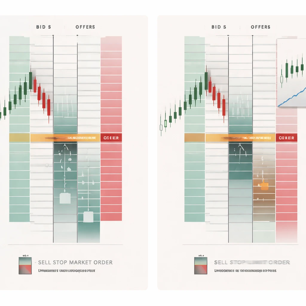 Diagram of a price ladder with stop order trigger levels showing stop market execution through bids and a stop limit resting at its limit.