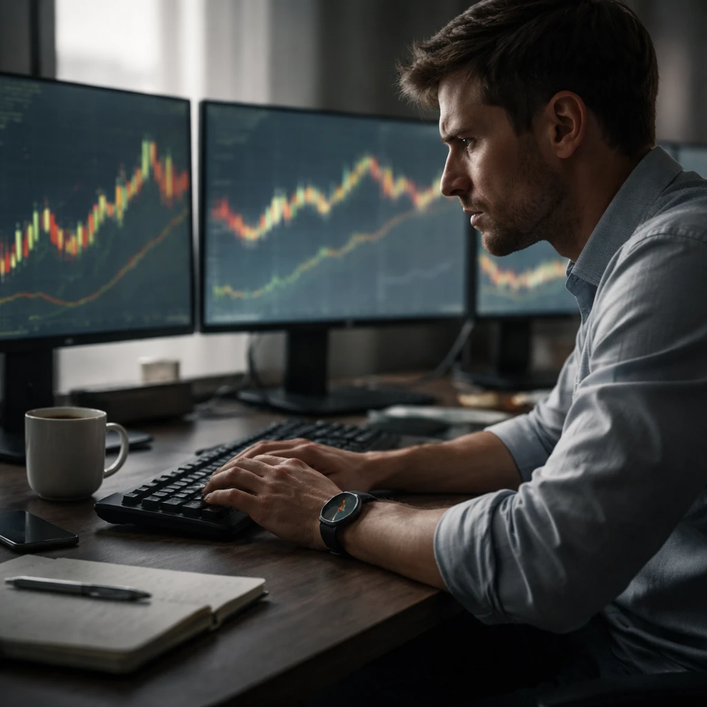 A trader at a multi-monitor workstation showing subtle signs of stress, with tense posture and elevated arousal cues.