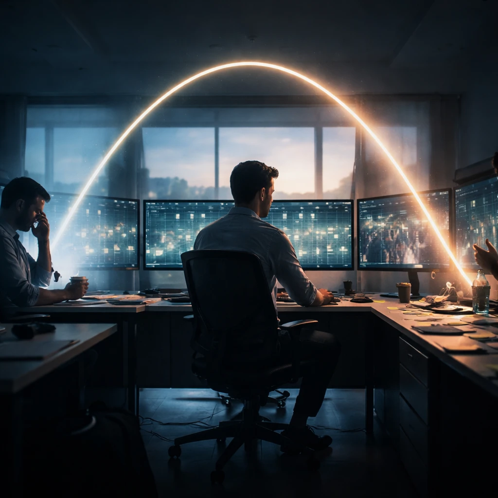 Abstract visualization of the stress versus performance curve over a trading workstation, showing low, optimal, and high arousal states.
