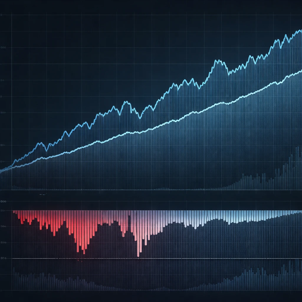 Two contrasting equity curves with corresponding drawdown bars, illustrating the trade-off between high returns with deep losses and steadier growth with smaller drawdowns.