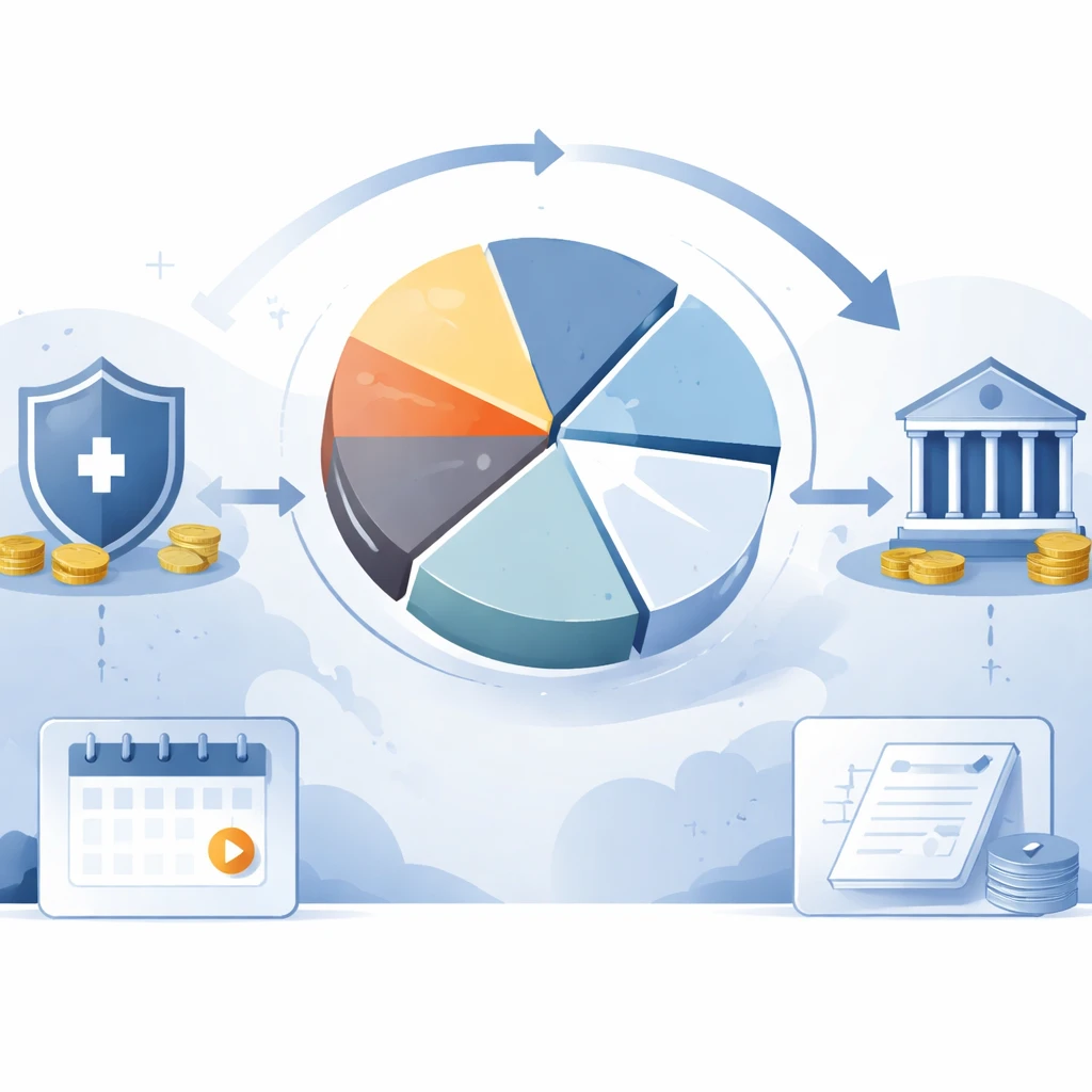 Illustration of a portfolio pie chart rebalanced across taxable and tax-advantaged accounts, with visual cues for taxes and timing.