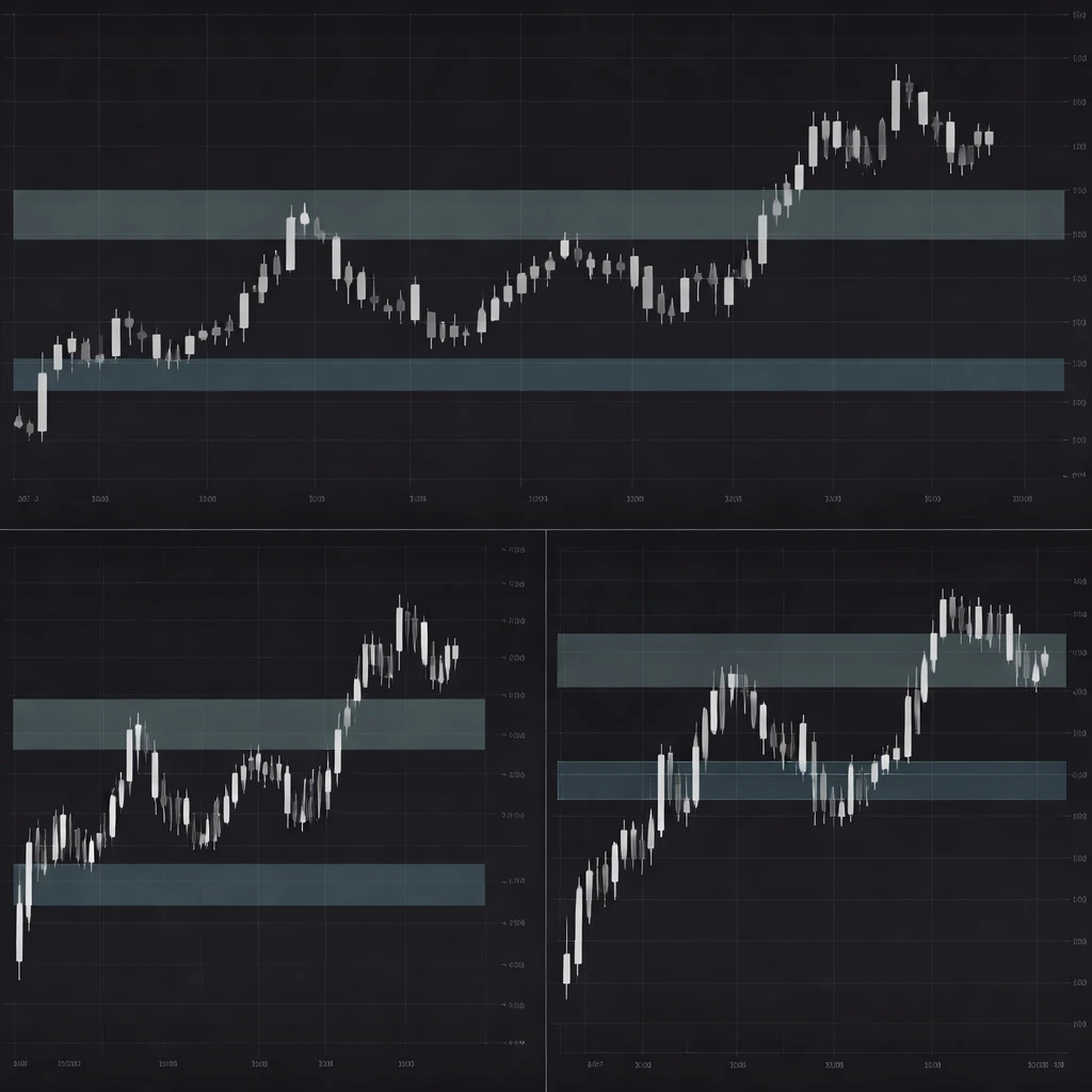Weekly, daily, and hourly candlestick charts aligned to the same support and resistance zones, showing repeated reactions across timeframes.