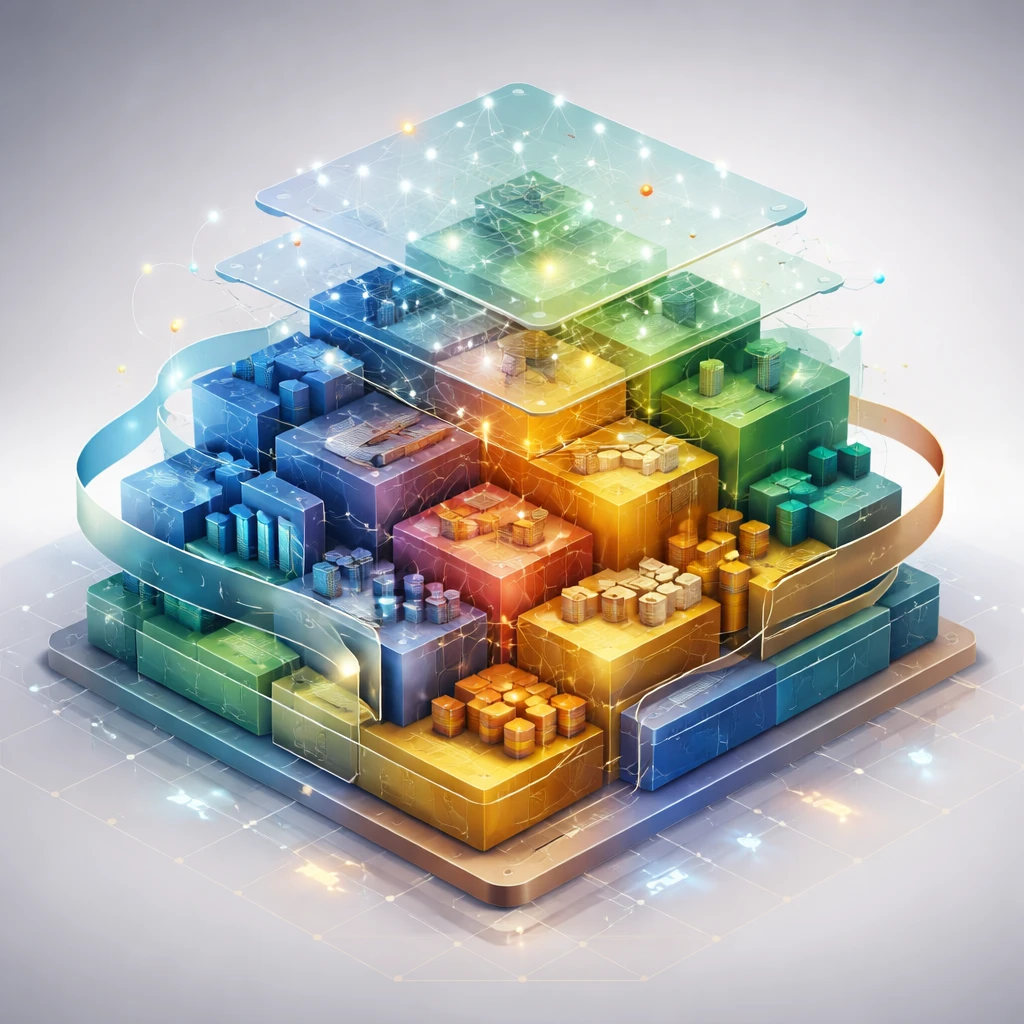 Isometric visualization of a multi-asset portfolio with layered exposures across asset classes, factors, currencies, and duration.