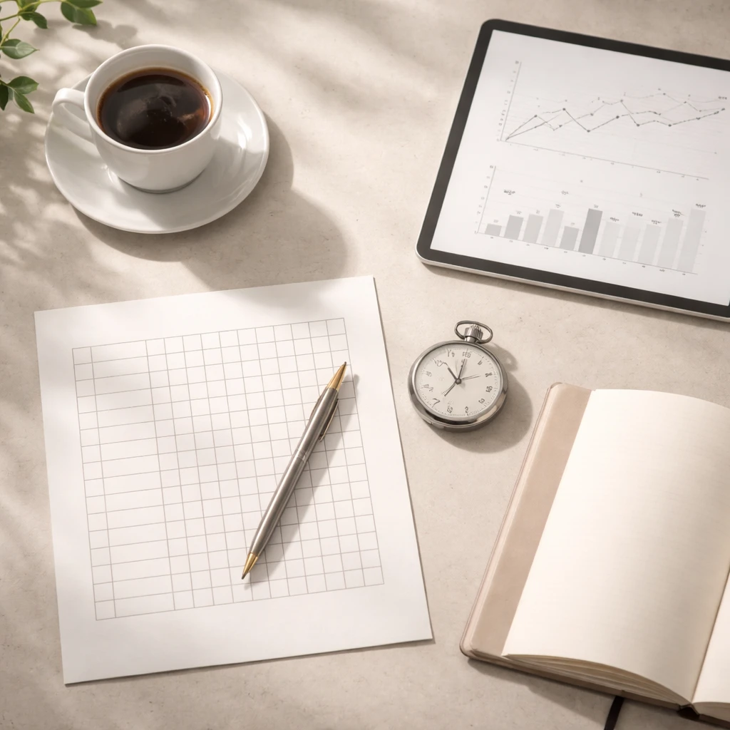 Minimalist desk with a habit-tracking grid, stopwatch, and unlabeled charts symbolizing behavioral consistency tracking.