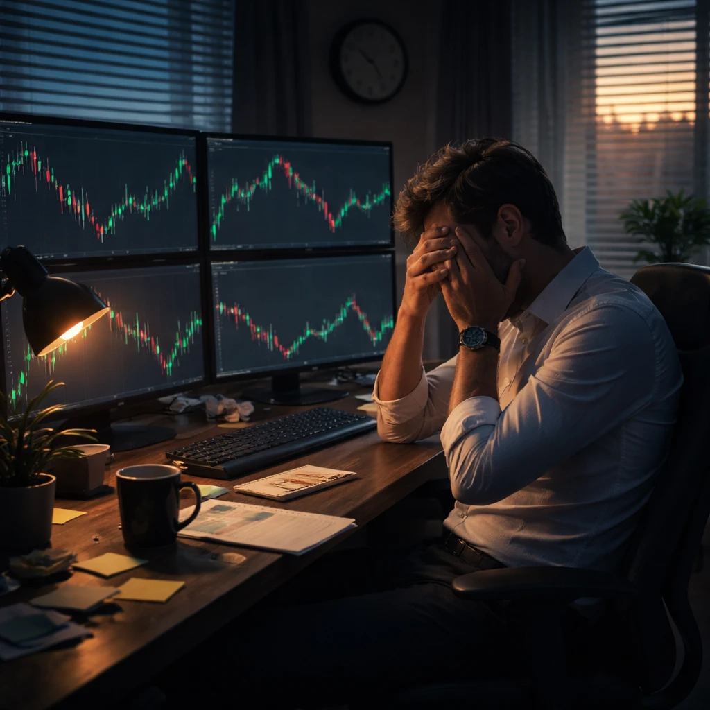 A fatigued trader in a dim office facing multiple glowing charts, coffee and notes scattered on the desk at sunrise.