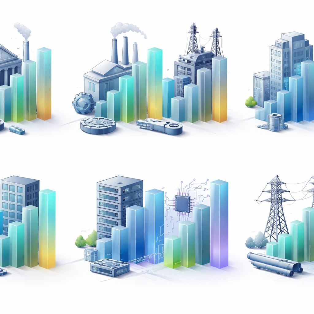 Illustration comparing typical valuation multiple ranges across sectors using icons and colored bars, without any text.