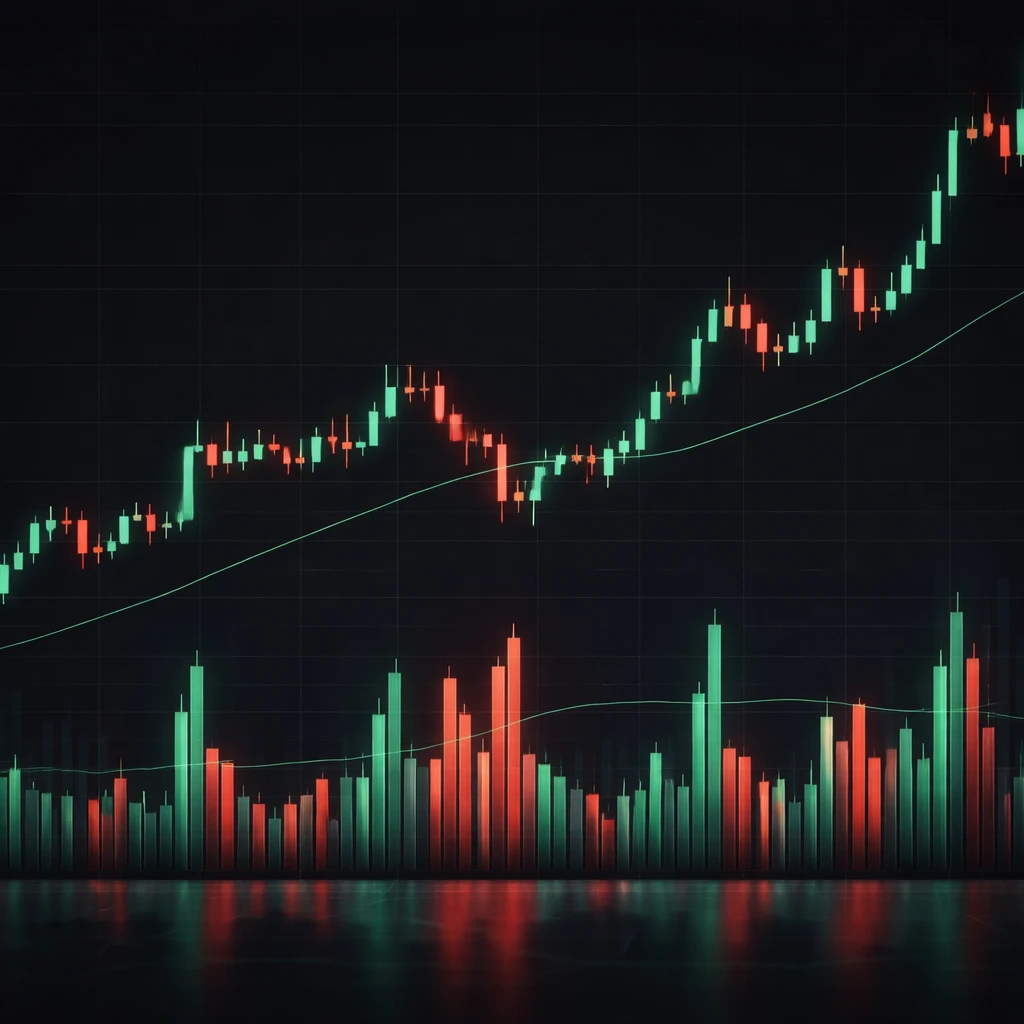 Candlestick chart with pronounced volume spikes and a volume moving average overlay
