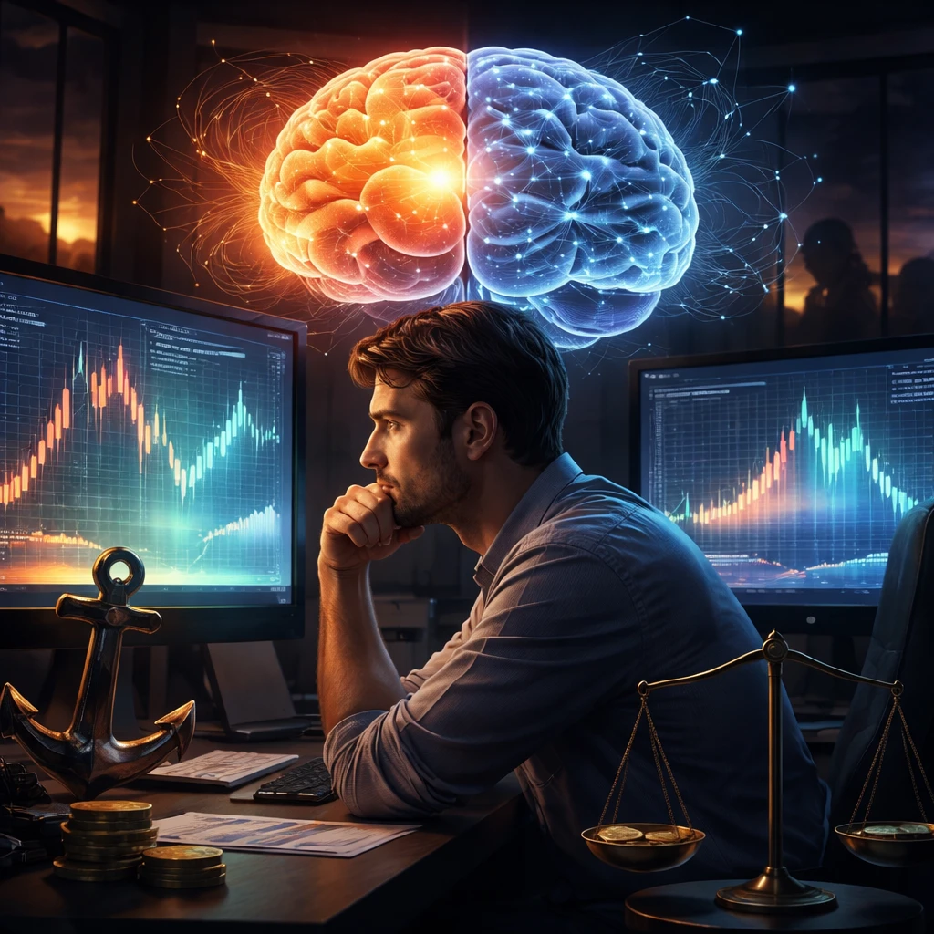 Analyst studying market charts with a dual-mode brain illustration highlighting intuitive and analytical thinking.