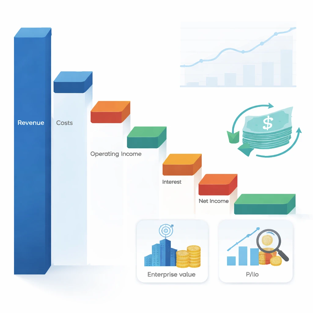 Abstract waterfall diagram depicting a company’s path from revenue to net income with complementary EPS trend and cash flow arrows.