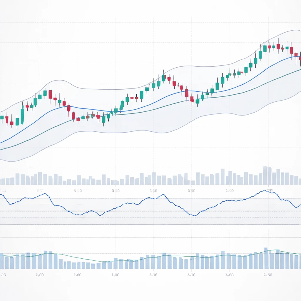 Candlestick chart with moving averages, Bollinger Bands, RSI, and volume subpanels illustrating common technical indicators.