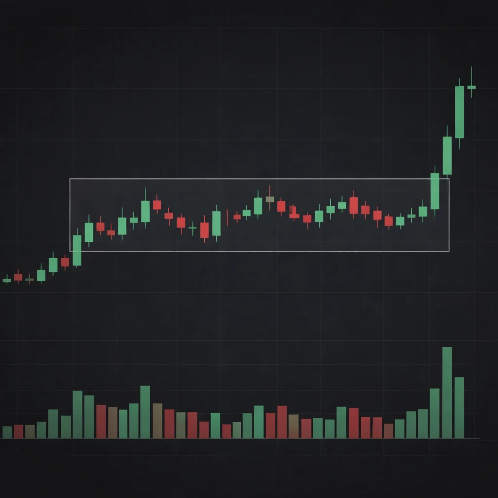 Candlestick chart showing a price breakout above a consolidation range with volume expansion
