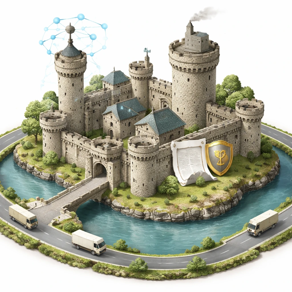 An isometric castle surrounded by a moat, with visual elements representing network effects, patents, scale, and distribution advantages.