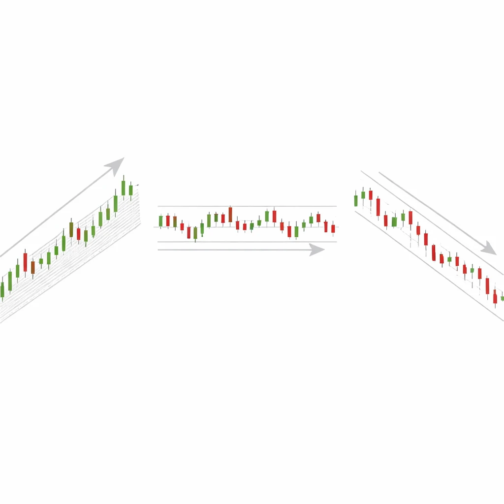 Candlestick panels showing an uptrend, a range, and a downtrend using channels and arrows on a clean white chart background.
