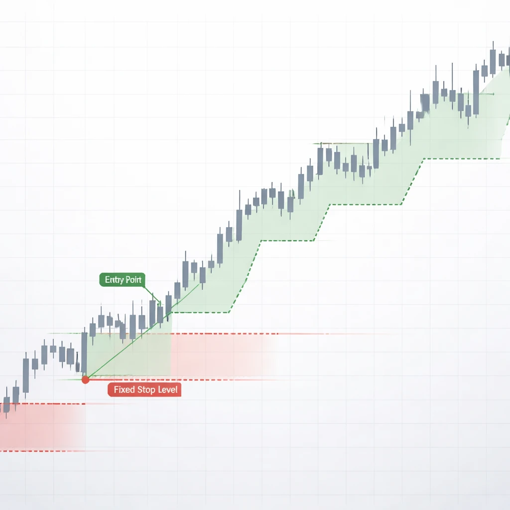 Candlestick chart illustrating price movement with fixed and trailing stop levels highlighted.