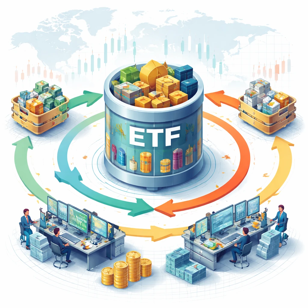 Illustration of an ETF at the center connected to baskets of underlying assets and exchange trading activity.