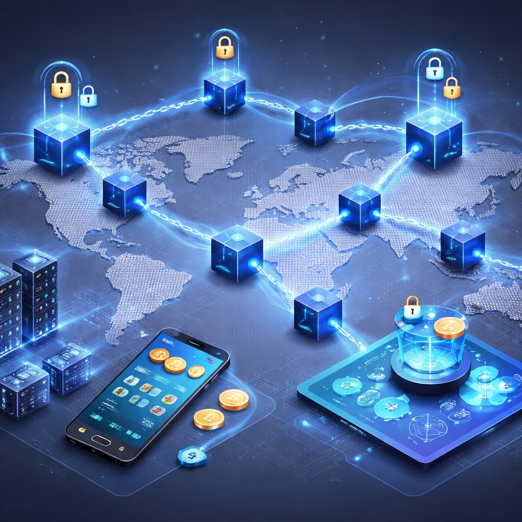 Isometric illustration of a global blockchain network with connected blocks, validator nodes, a smartphone wallet, and servers representing miners and validators.