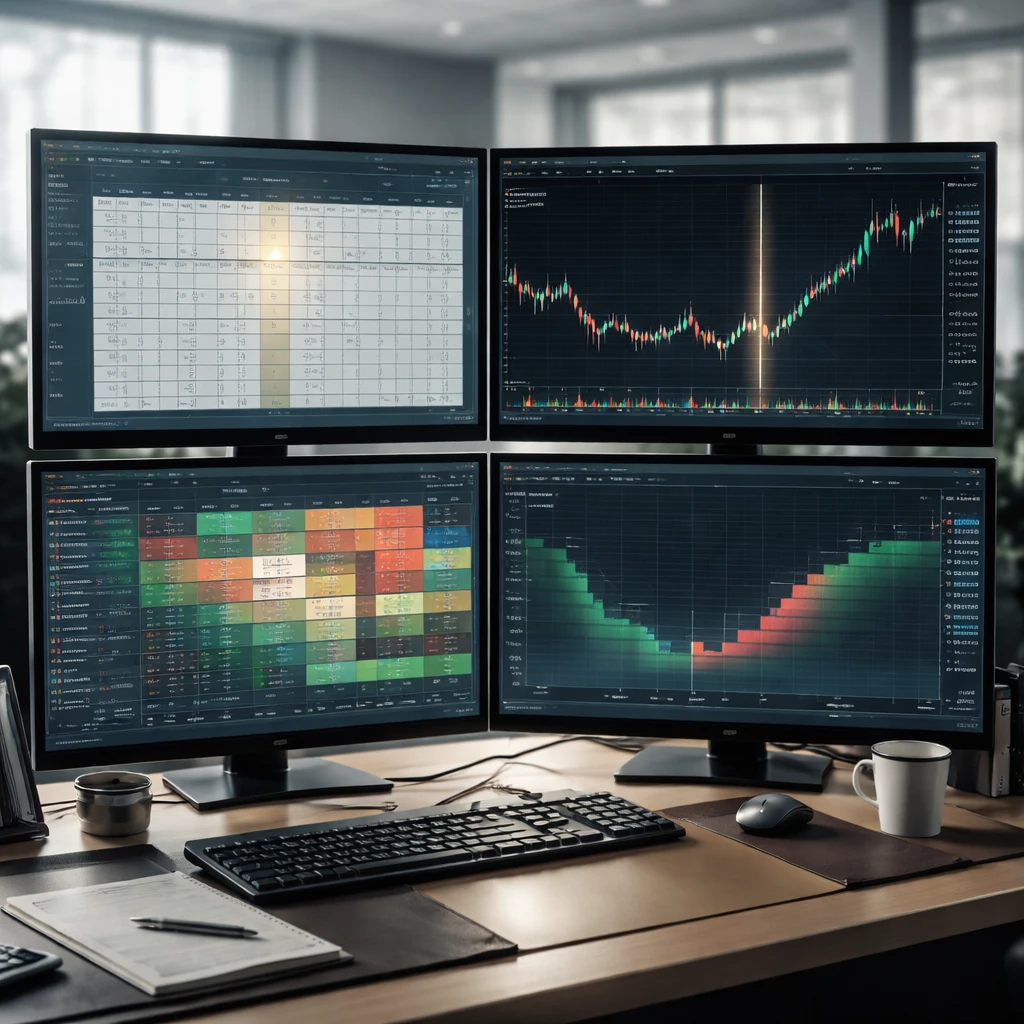 Multi-screen trading desk displaying charts reacting to an economic release, sector heatmap, and order book depth visualization.