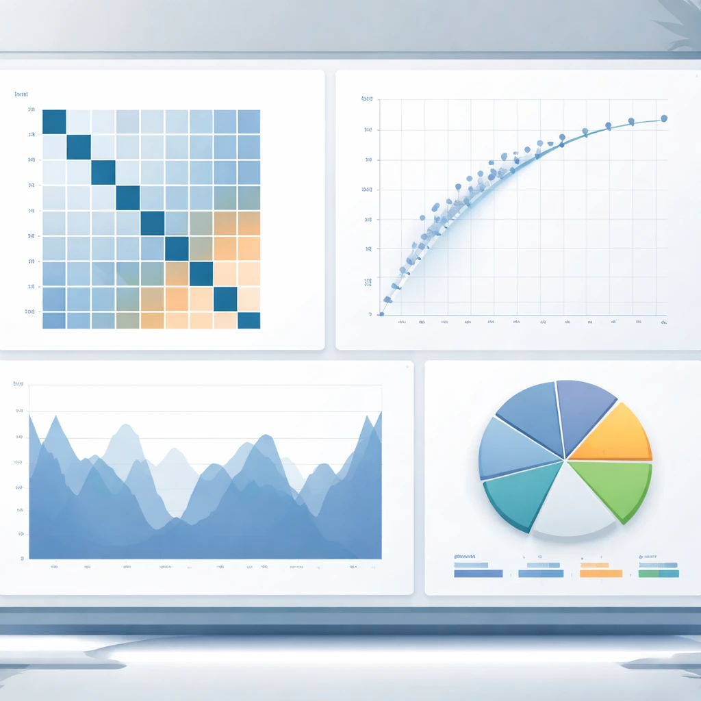 Conceptual visualization of portfolio-level risk, including correlation heatmap, efficient frontier, and drawdown curve across multiple asset classes.