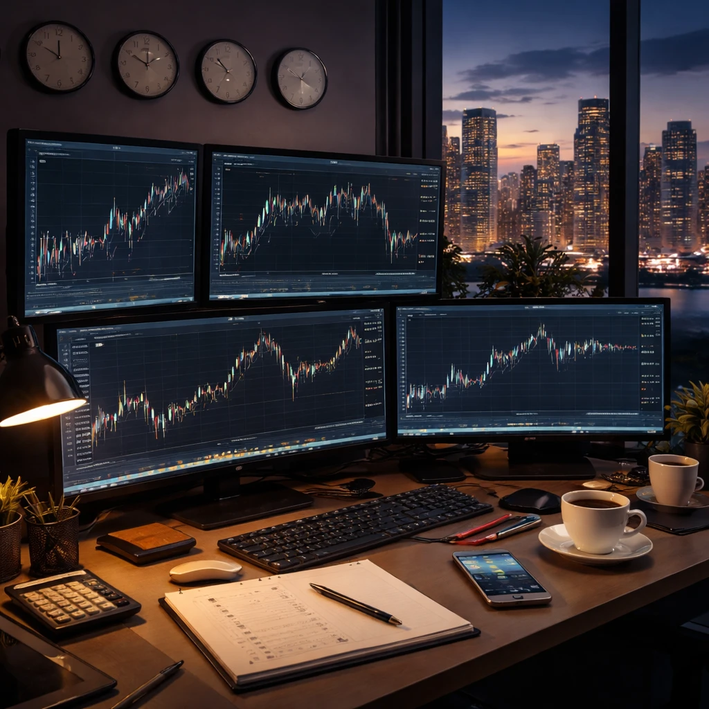 Professional trading desk with multi-day charts, calendar, and world clocks at dusk
