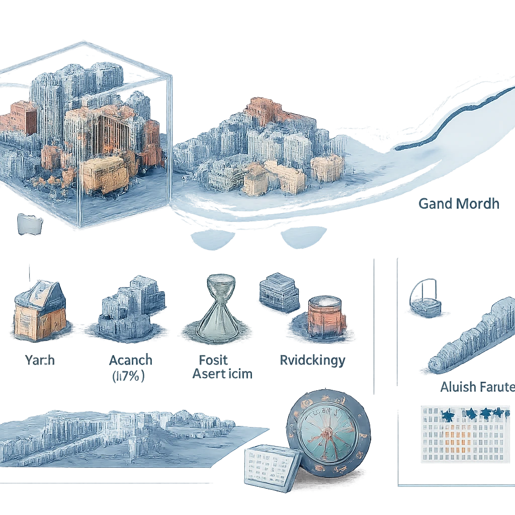Conceptual illustration of an ETF structure facing market frictions between it and its benchmark path, with icons for fees, trading costs, taxes, timing, and futures roll effects.