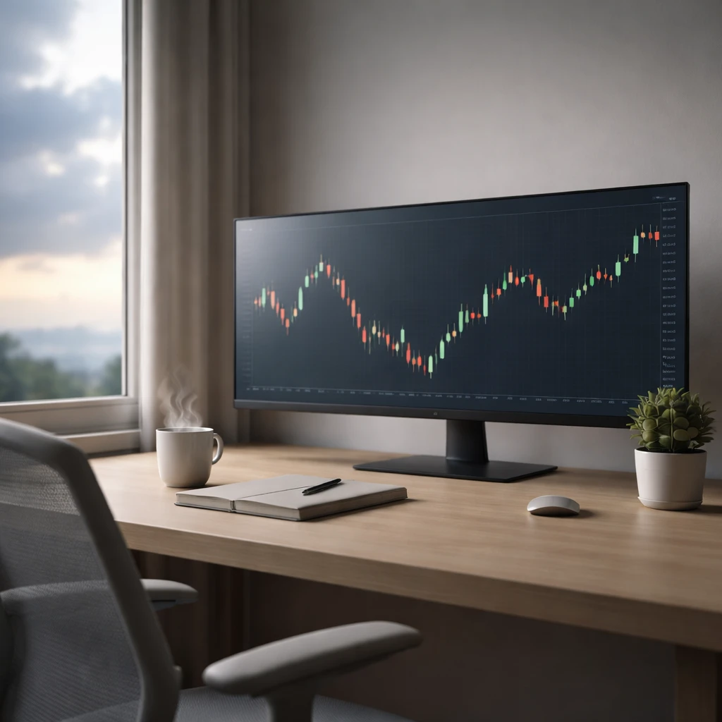 An empty trading desk with a paused chart on a large monitor in calm morning light, suggesting a deliberate break from the market.