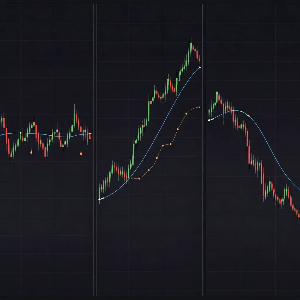 Three-panel price chart illustrating a choppy whipsaw range, a sustained uptrend, and a trend failure reversal.