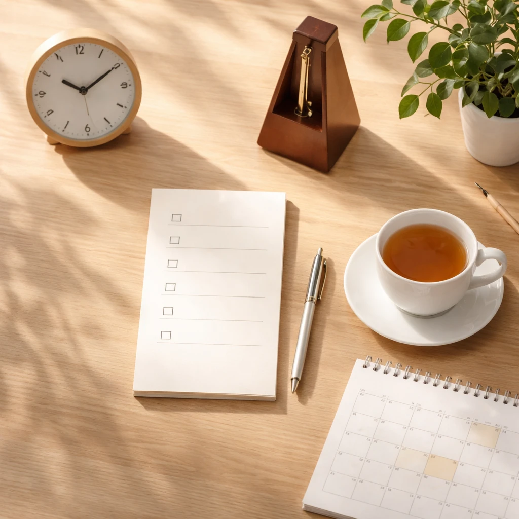 Minimalist desk with a clock, checklist, calendar, and metronome symbolizing consistent habits and disciplined decision-making.
