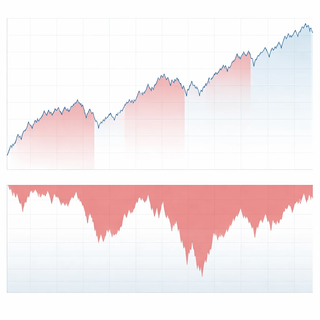 Equity curve with shaded drawdown periods and an underwater chart below showing time under water.