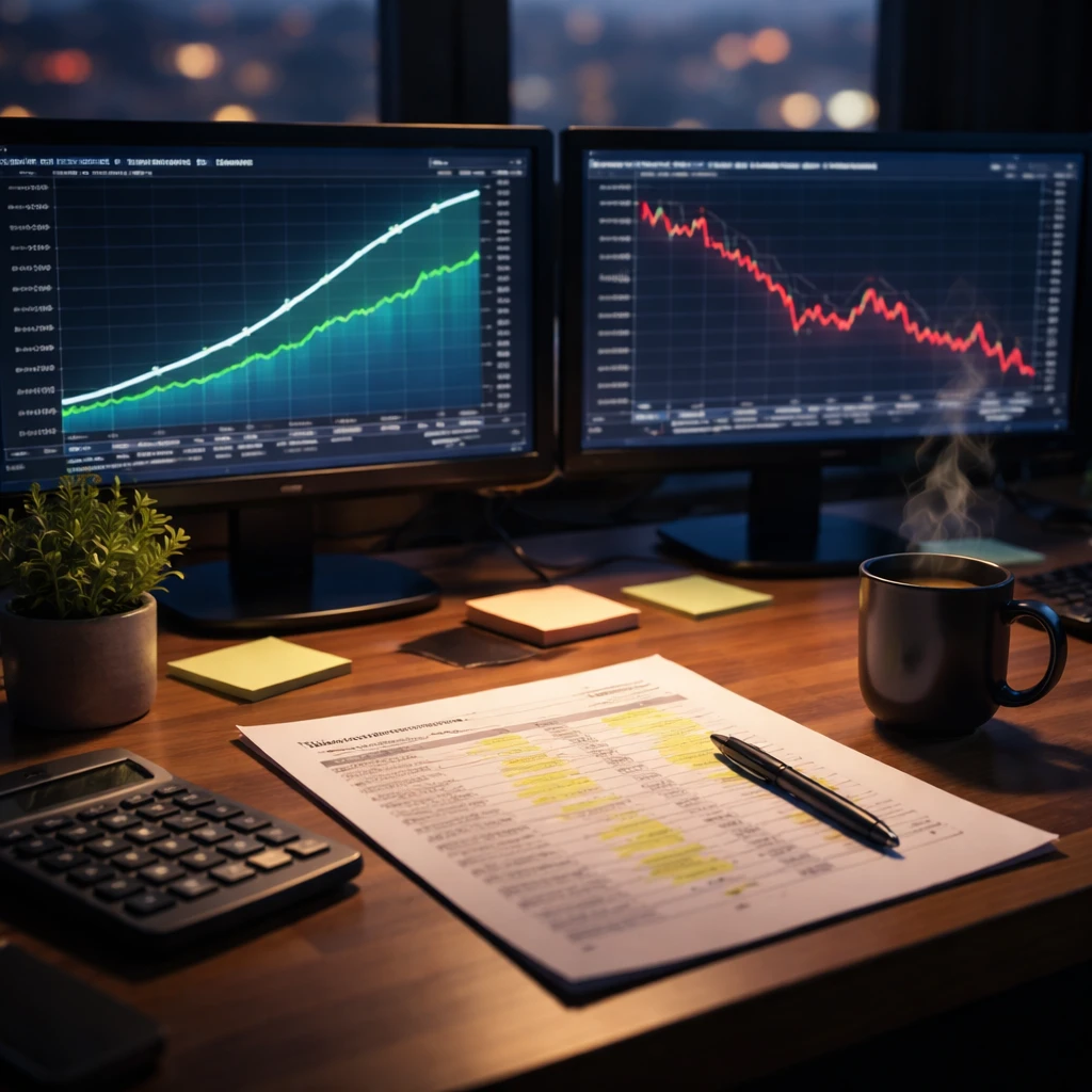 Analyst desk with charts showing rising yields and a falling stock price alongside a highlighted earnings report.