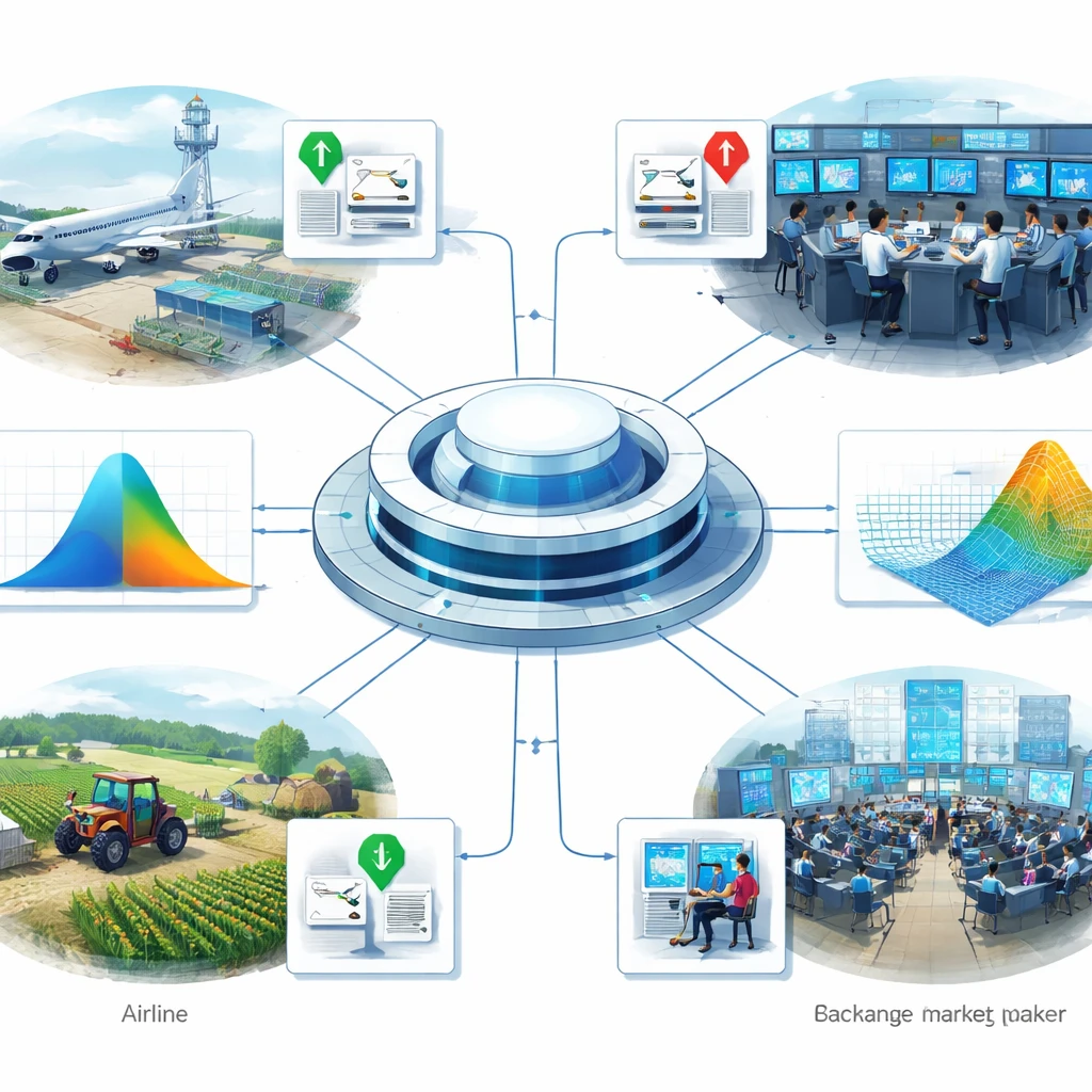 Schematic illustration of an options market with participants linked to a central clearinghouse and visual elements for risk and volatility.